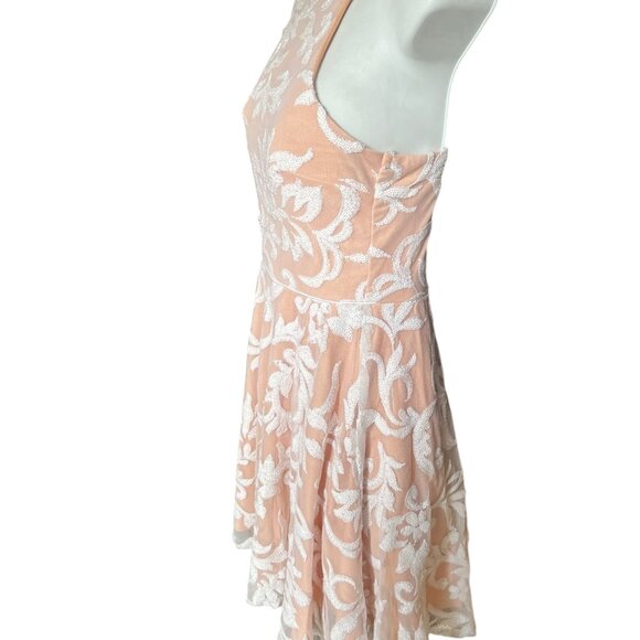 Jodi Kristopher Peach Dress w/ White Floral Sequin Overlay Womens Size 9 Lined - Picture 3 of 13